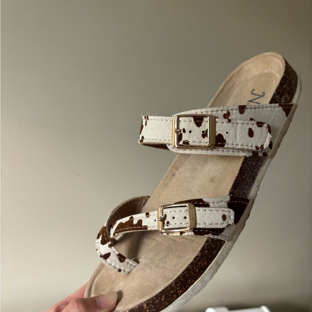 Natural Reflections Women's Cowhide-Print Double Buckle Sandal - Brown & White - Picture 4 of 6